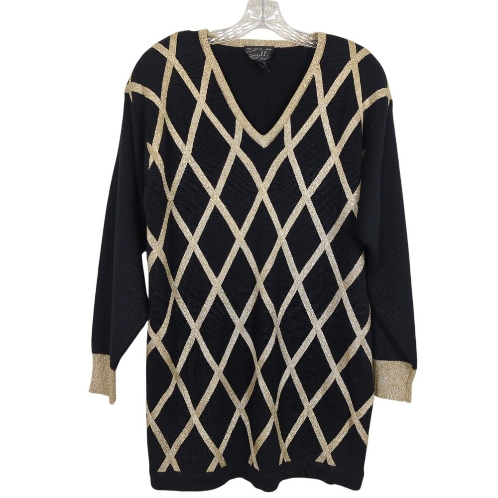 Vintage Suzelle V Neck Gold Black Argyle Sweater Size Large Long Sleeve